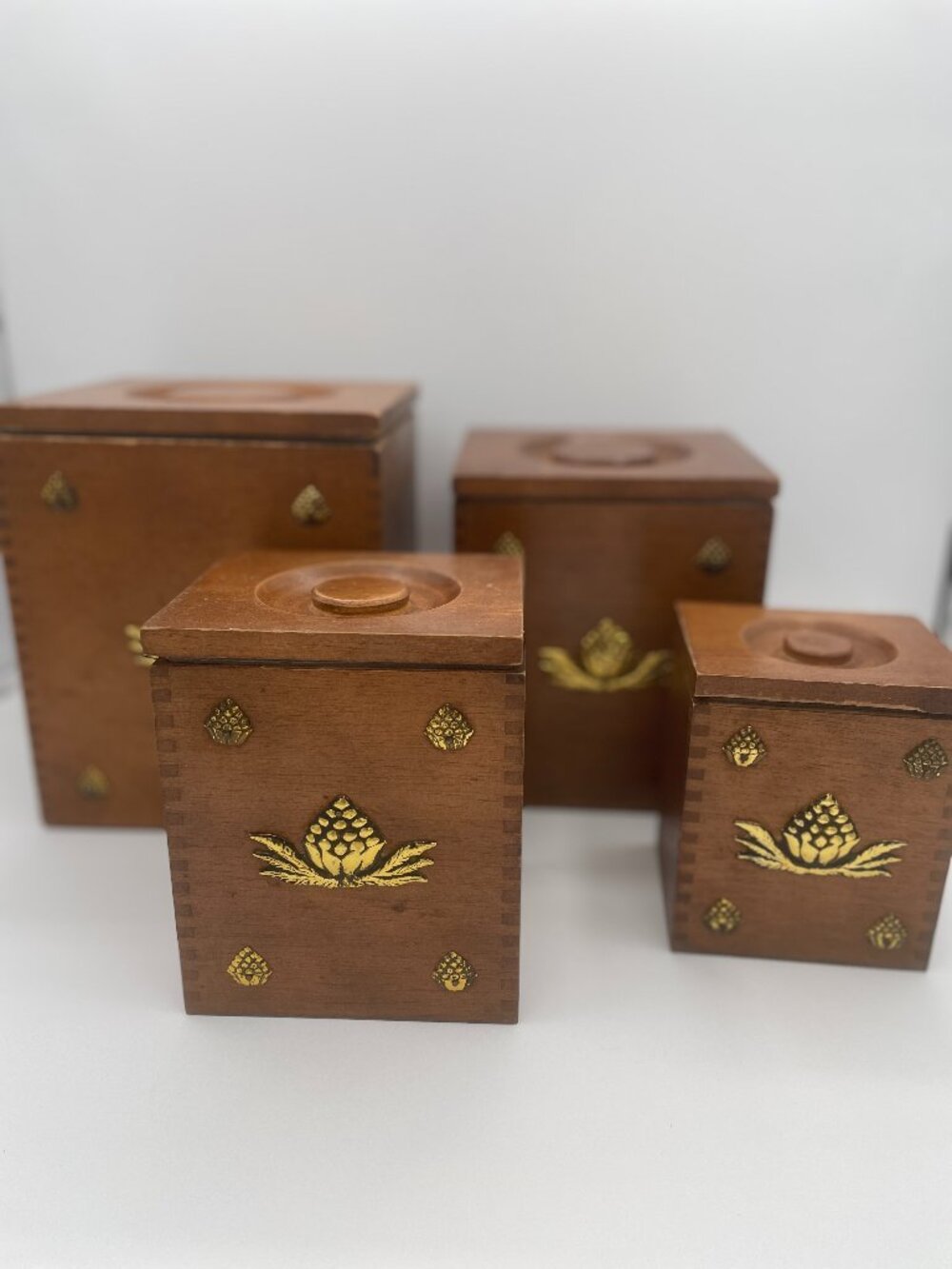 Wooden Canister Set of 4 with Plastic Liners, Vintage MCM